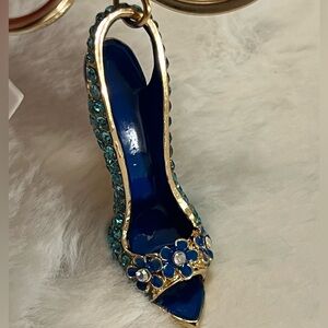 Crystal High Heel Gold Tone Blue Crystal Bag Charm / Keychain